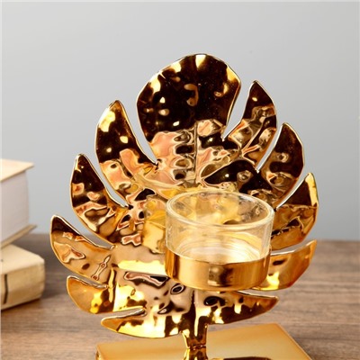 Подсвечник металл, стекло на 1 свечу "Золотой лист монстеры" 16х14х7 см