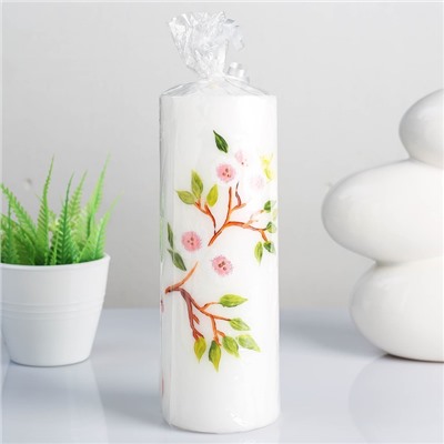 Свеча «Сакура на белом», 70 × 70 × 200 мм, цвет белый