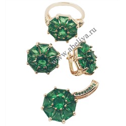 Набор серьги,  кольцо, подвеска циркон зеленый позолоченный