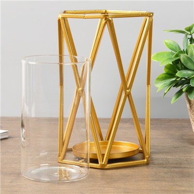 Подсвечник металл, стекло на 1 свечу "Треугольники" золото 20х13,5х13,5 см