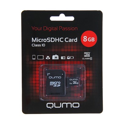 Карта памяти MicroSDHC Qumo, 8 GB, Сlass 10, с адаптером SD