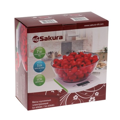 Весы кухонные Sakura SA-6068G, электронные, до 7 кг, бело-зеленые