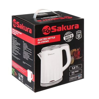 Чайник электрический Sakura SA-2155WG, пластик, колба металл, 1.2 л, 1500-1800 Вт, белый