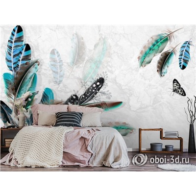 3D Фотообои «Мраморная фантазия с перьями и бабочками»