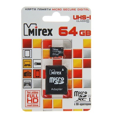 Карта памяти microSD Mirex 64 Gb, UHS-I, class 10, с адаптером