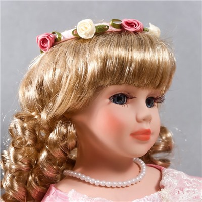 Кукла коллекционная керамика "Нина в нежно-розовом платье, в цветочном венке" 40 см