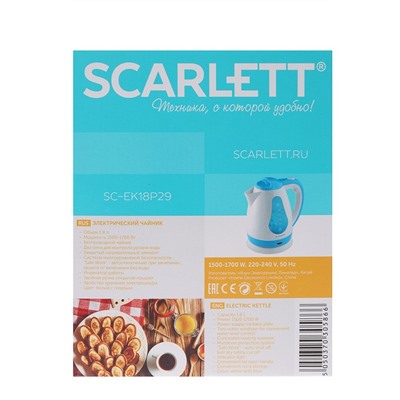Чайник электрический Scarlett SC-EK18P29, 1500-1700 Вт, 1.8 л, бело-синий