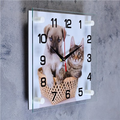 Часы настенные, серия: Животный мир, "Щенок с котенком", 25х25  см, микс