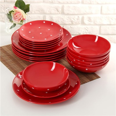 Сервиз столовый «Красный горох», 18 предметов: 6 тарелок в=19 см, 6 тарелок d=27 см, 6 тарелок d=18,7 см цвет красный