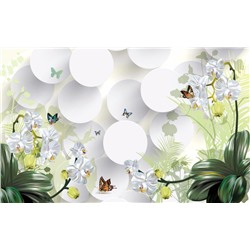 3D Фотообои «Белые орхидеи с бабочками»