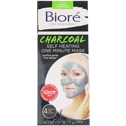 Biore, самонагревающаяся одноминутная маска с углем, 4 одноразовых пакета по 7 г (0,25 унции)