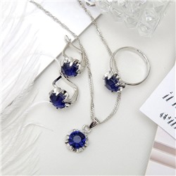 Гарнитур 3 предмета: серьги, кулон, кольцо безразмерное "Эдель" цветы, цвет синий в серебре, 50см