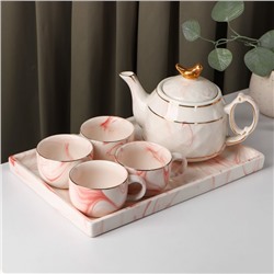 Набор чайный «Мрамор», 5 предметов: чайник 800 мл, 4 кружки 170 мл, подставка 31×21 см, цвет розовый