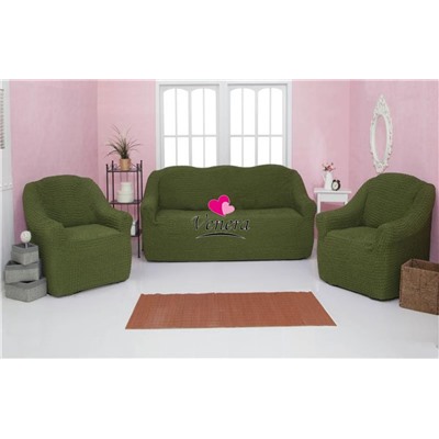 Комплект чехлов на трехместный диван и 2 кресла без оборки оливковый 222, Характеристики