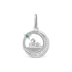 Подвеска мусульманская из серебра с зелёным фианитом родированная м-50102401р