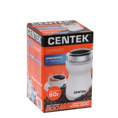 Кофемолка Centek CT-1356, 200 Вт, 60 г, стальная чаша, нажимная, белая