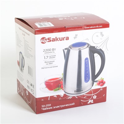 Чайник электрический Sakura SA-2133, 2200 Вт, 1.7 л, серебристый