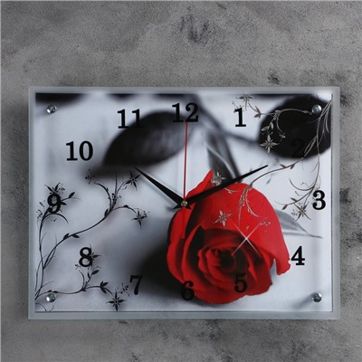 Часы настенные, серия: Цветы, "Красная роза на сером", 30х40  см, микс