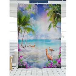 Фотоштора для ванной Фламинго на сказочном пляже