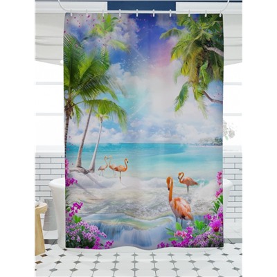 Фотоштора для ванной Фламинго на сказочном пляже