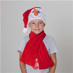 Шапка "Снеговик" в красном колпаке + красный шарф, обхват головы 54-56 см