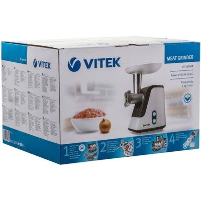 Мясорубка Vitek VT-1676 W, 1500 Вт, 4 насадки, белый