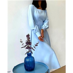 Платье миди с поясом голубое O114
