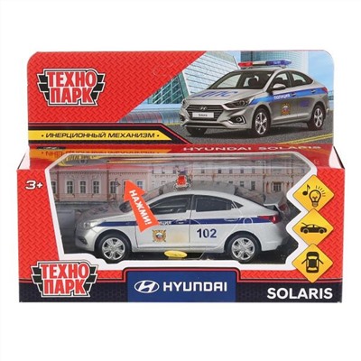 Технопарк мод.  металл. инерц. Машина Hyundai Solaris Полиция 12см, свет + звук, серебристый в кор.2*36шт