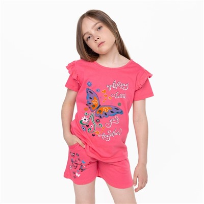 Комплект для девочки (футболка/шорты), цвет коралловый, рост 128 см