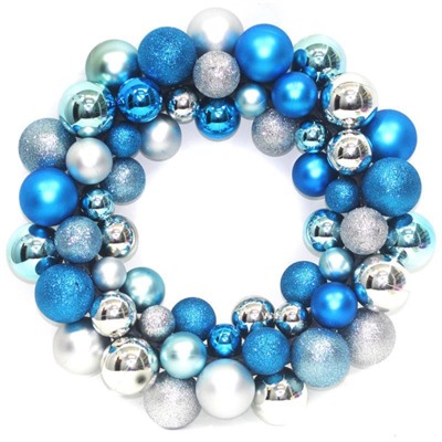 Новогоднее украшение Венок из елочных шаров голубой, диаметр 35 см