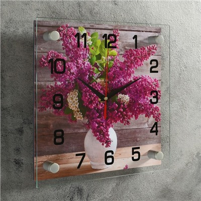 Часы настенные, серия: Цветы, "Сирень в белой вазе", 25х25  см, микс
