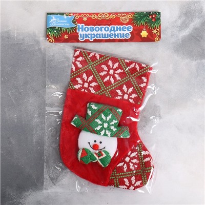 Носок для подарков " Снеговик в зелёной шляпке" 13х17 см, красный
