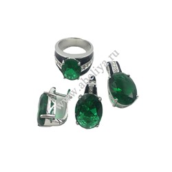 Набор серьги,кольцо, подвеска циркон зеленый посеребренный