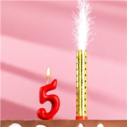 Свеча для торта цифра "Овал" красная "5" + фонтан