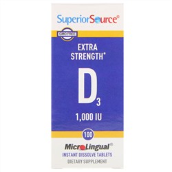 Superior Source, витамин D3 повышенной силы действия, 25 мкг (1000 МЕ), 100 быстрорастворимых таблеток MicroLingual