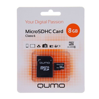 Карта памяти MicroSDHC Qumo, 8 GB, Сlass 6, с адаптером SD