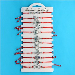 KNN013S Набор браслетов из красной нити со стразами Ассорти №1, 12шт, цвет серебр.