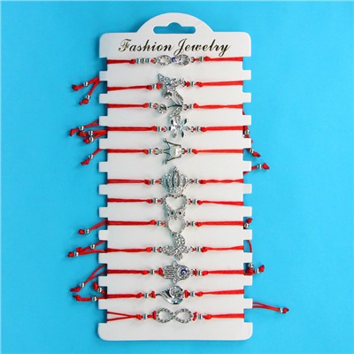 KNN013S Набор браслетов из красной нити со стразами Ассорти №1, 12шт, цвет серебр.