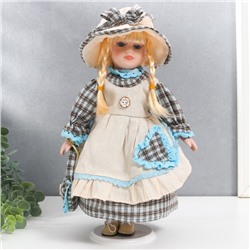 Кукла коллекционная керамика "Лена в голубом платье и шляпке в клетку" 30 см