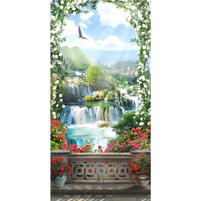 3D Фотообои «Арка из цветов с видом на водопады»
