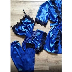 Атласный костюм 4 в 1 шорты, топ, брюки и халатик ярко-синий S29