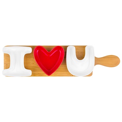 Набор 3 сервировочных блюд 42*11*4 см "I love you - СЕРДЦЕ КРАСНОЕ" на деревянной подставке