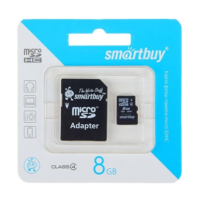 Карта памяти microSDHC Smartbuy 8GB, class 4 + адаптер SD