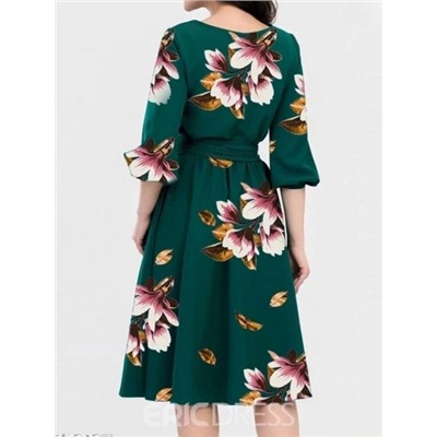 Платье Size Plus цветочный принт рукав 7/8 зеленое M29