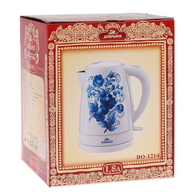 Чайник электрический "Добрыня" DO-1214, металл, 2 л, 2000 Вт, белый с синими цветами