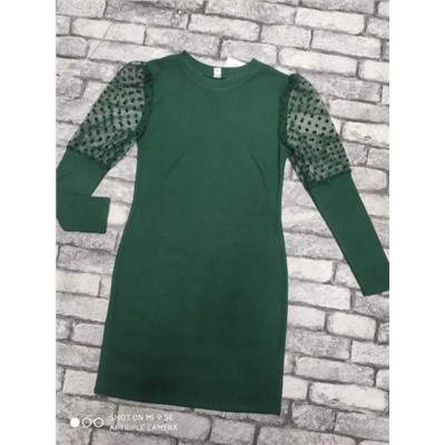 Платье лапша рукава сетка горох зеленое OP37