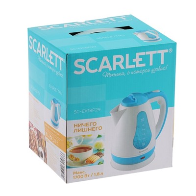 Чайник электрический Scarlett SC-EK18P29, 1500-1700 Вт, 1.8 л, бело-синий
