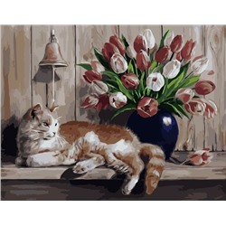 Картина по номерам 40х50 - Кот и тюльпаны