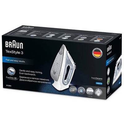 Утюг Braun SI3054GY, 2400 Вт, керамическая подошва, 45 г/мин, 270 мл, бело-серый