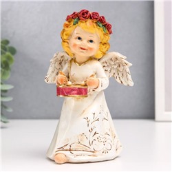 Сувенир полистоун "Ангел в бежевом платье с узором, венок из роз, с барабаном" 15,5х10х6,5см   62570